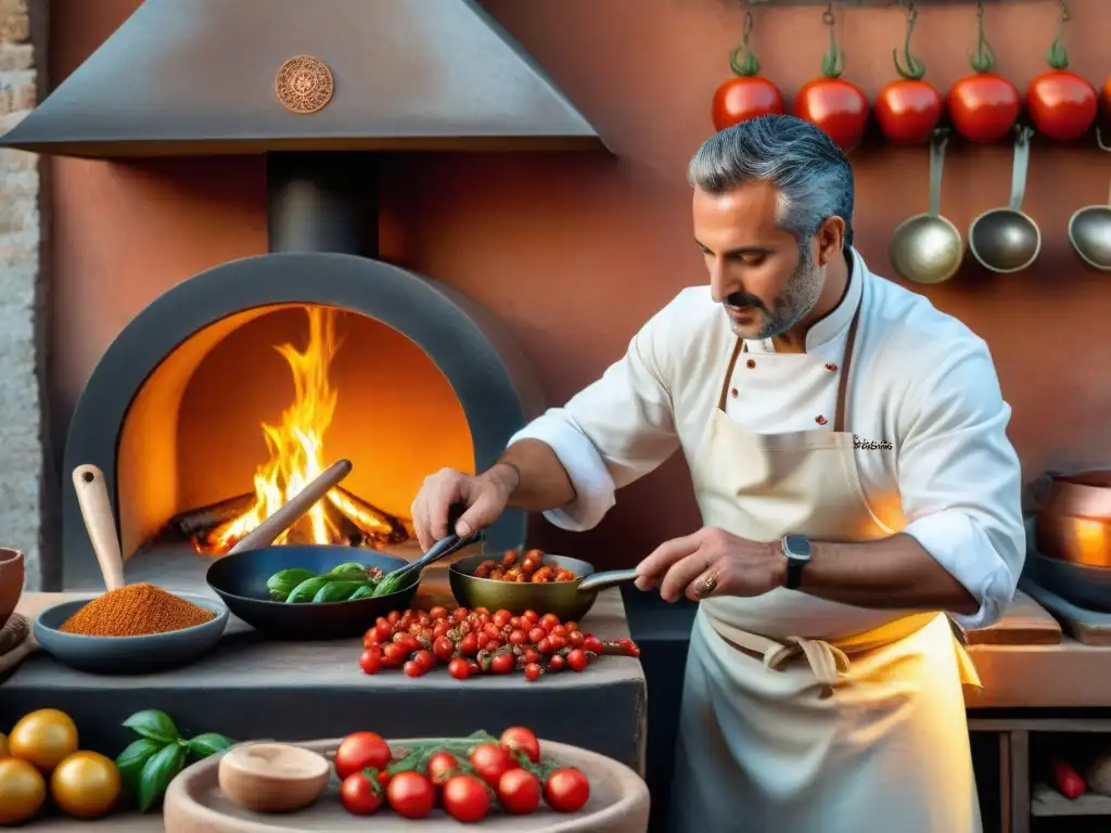 Cocina italiana tradicional en Calabria: Chef preparando 'Nduja sobre fuego abierto, rodeado de ingredientes frescos y encanto rústico