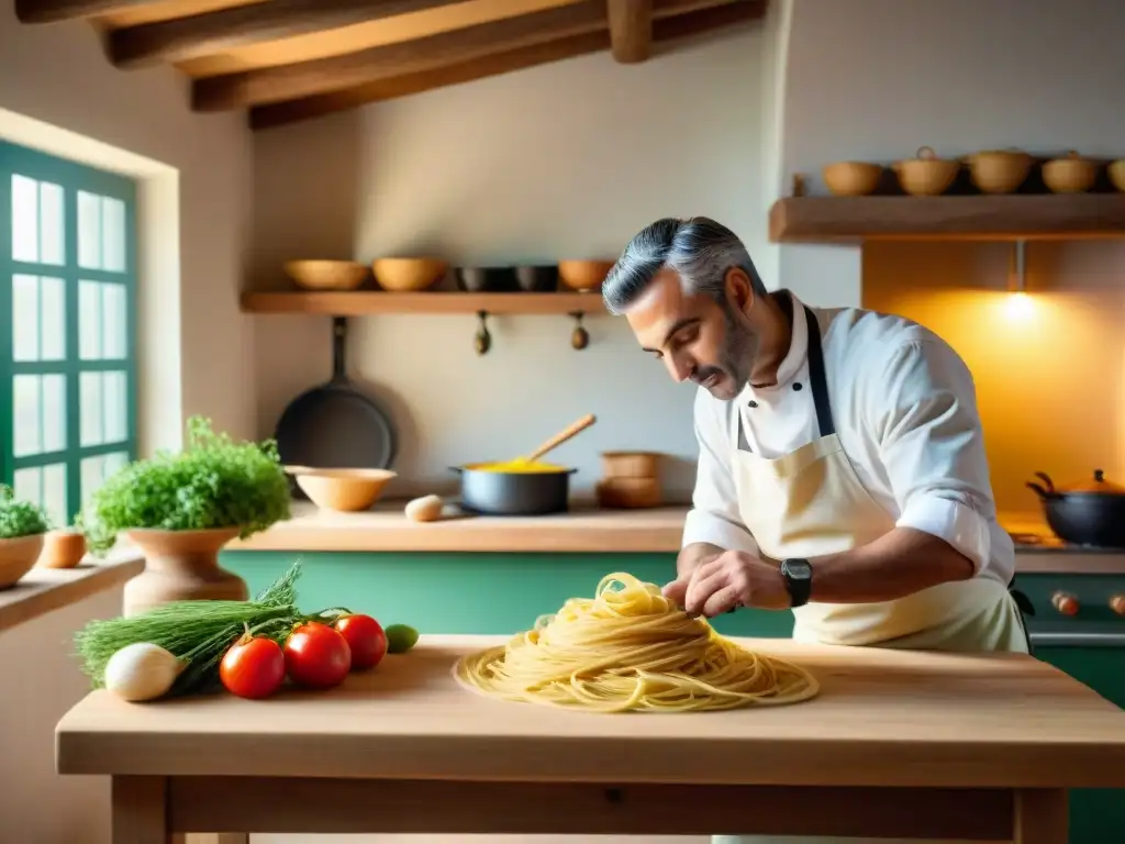 Una cocina italiana tradicional en una granja agroturística, llena de ingredientes frescos y un chef preparando pasta a mano