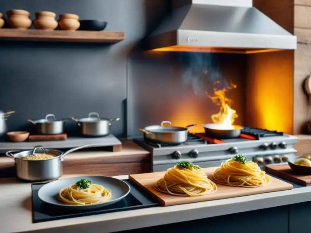 Cocina italiana tradicional con horno de leña y tecnología moderna