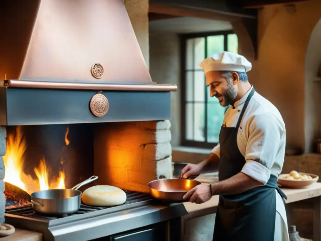 Cocina italiana tradicional con horno de leña, chef amasando masa para pasta casera y olla de salsa burbujeante