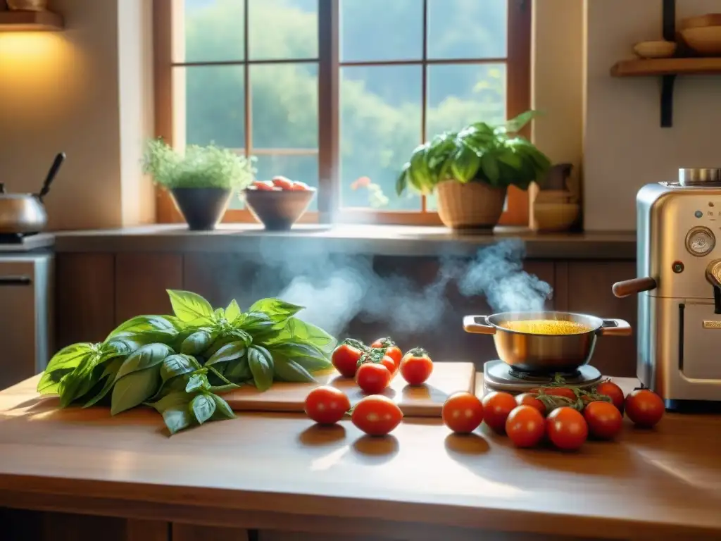 Escena auténtica de cocina italiana con nonna y ingredientes frescos Una cocina italiana tradicional con ingredientes frescos y una nonna cocinando salsa casera