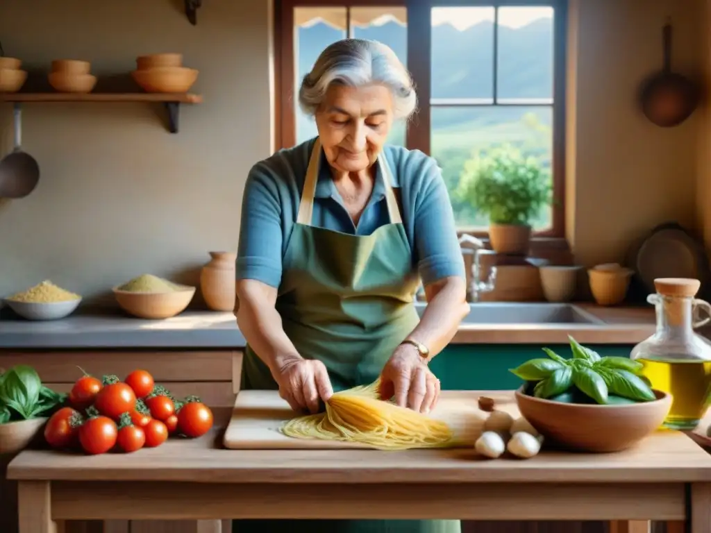 Una cocina italiana tradicional con ingredientes frescos y una nonna haciendo pasta