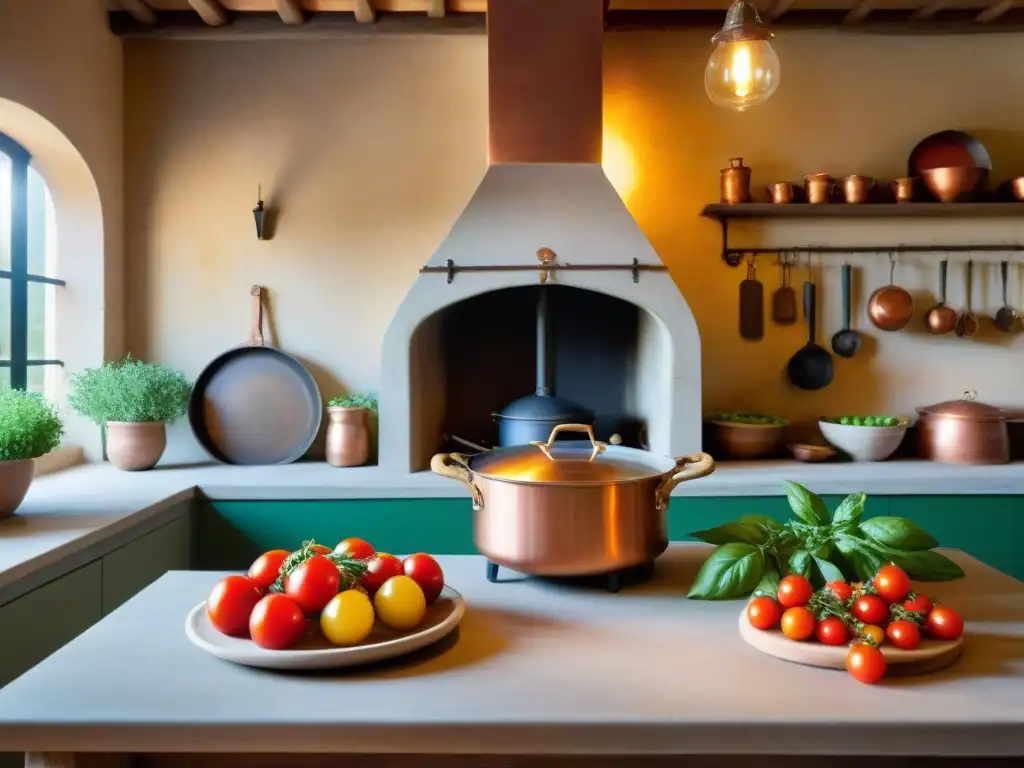 Una cocina italiana tradicional con ingredientes frescos y una estufa de piedra, evocando los orígenes de la cocina italiana tradicional