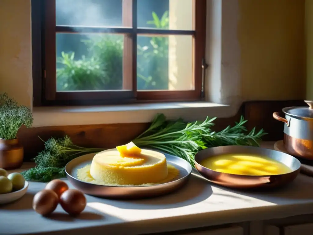 Una cocina italiana tradicional con ingredientes para hacer polenta, una olla de cobre burbujeante en la estufa, luz cálida resaltando los detalles