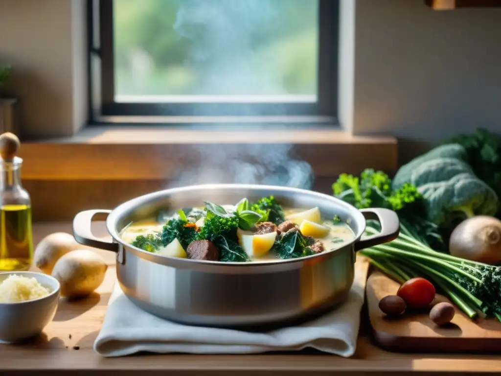 Una cocina italiana tradicional con ingredientes frescos y un chef preparando Zuppa Toscana