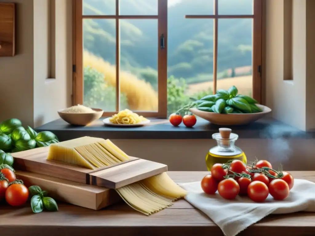 Una cocina italiana sin gluten tradicional con ingredientes frescos y coloridos en una mesa de madera rústica