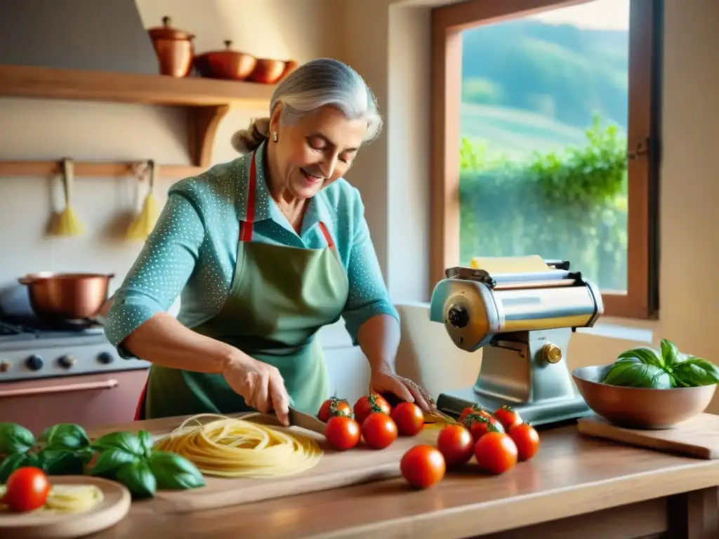 Una cocina italiana tradicional con ingredientes frescos y una nonna haciendo pasta