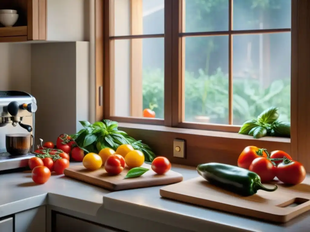 Una cocina italiana tradicional con ingredientes frescos y electrodomésticos esenciales