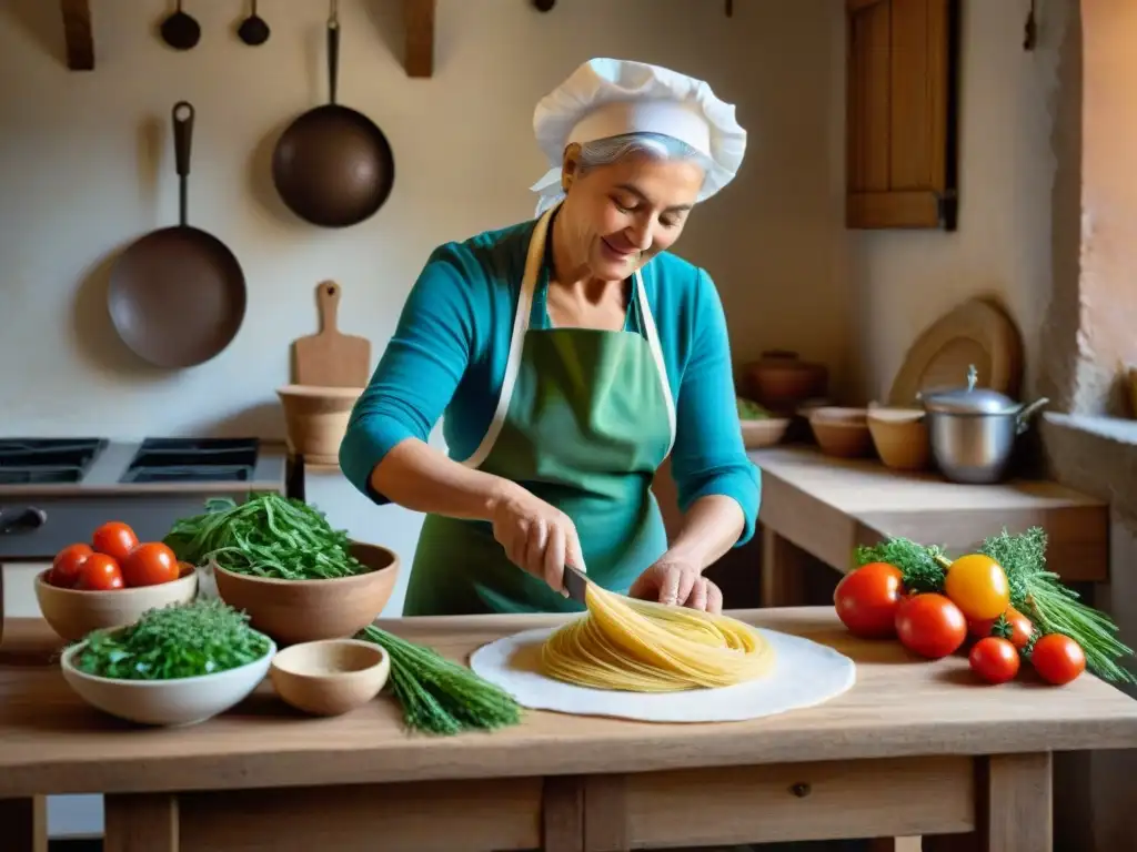 Una cocina italiana tradicional en una isla, con una nonna amasando pasta fresca y vegetales coloridos