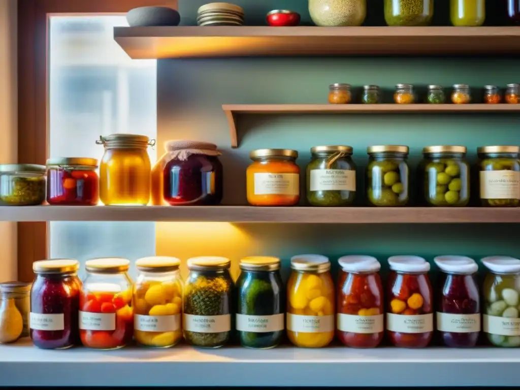 Una cocina italiana tradicional llena de tarros de alimentos fermentados, colores vibrantes y texturas variadas