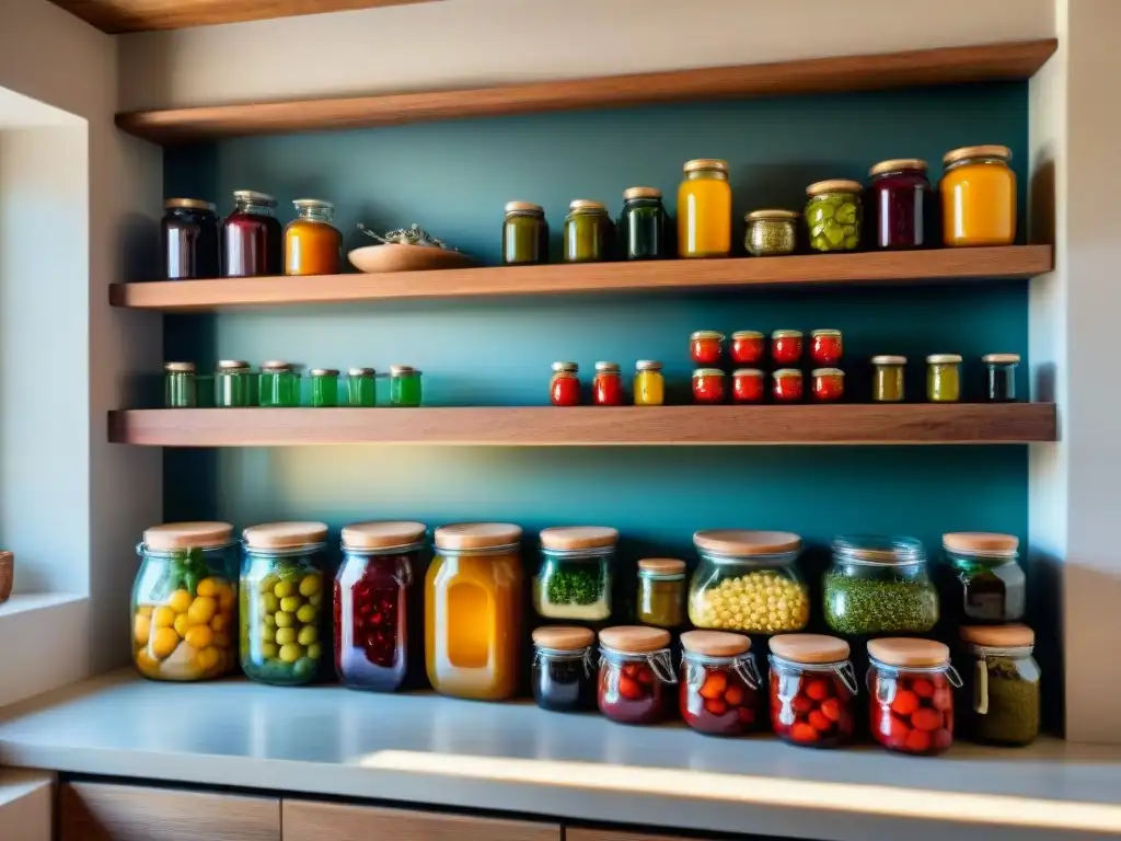 Una cocina italiana tradicional llena de coloridas conservas caseras en frascos, evocando la artesanía culinaria italiana