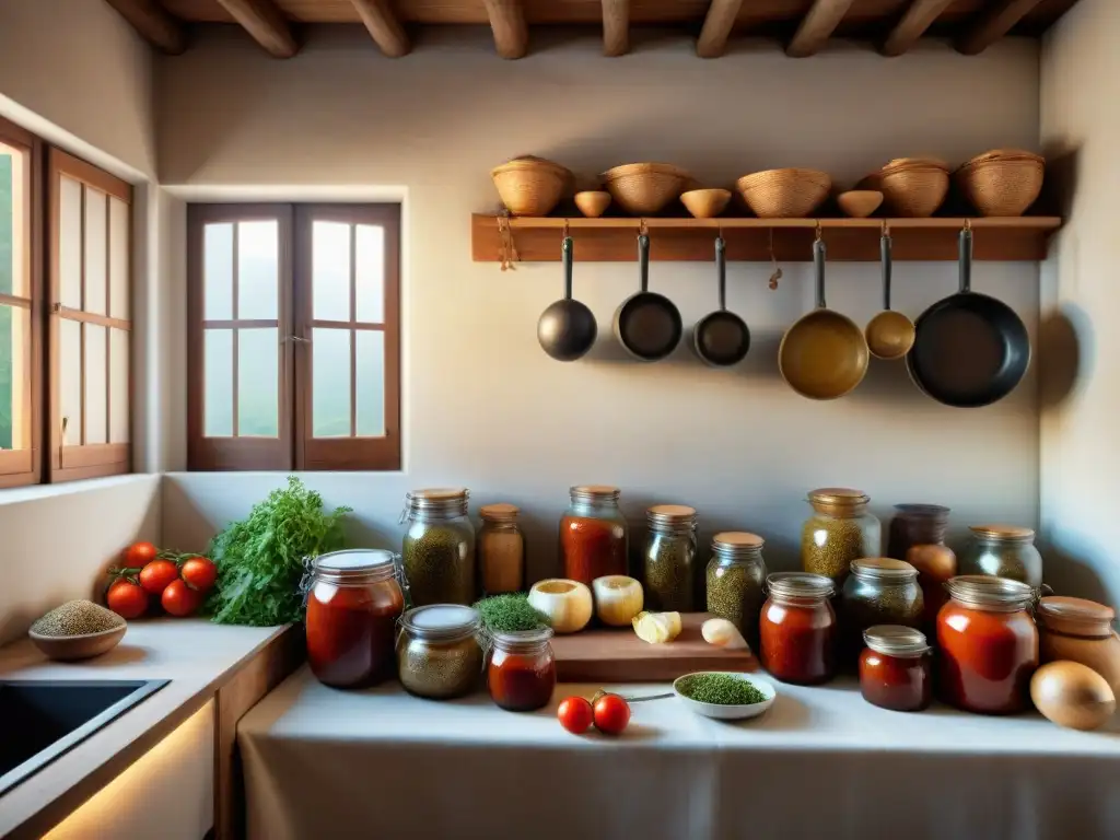 Una cocina italiana tradicional llena de alimentos conservados como salsa de tomate casera, ajo colgando y verduras frescas