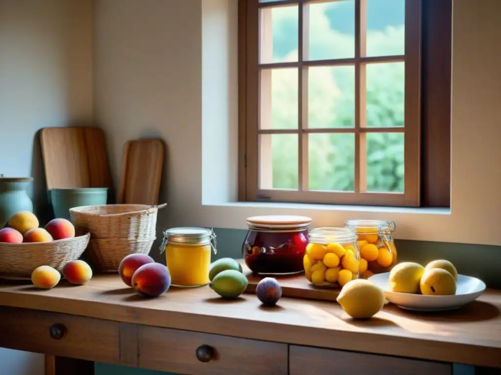 Una cocina italiana tradicional llena de frutas coloridas en cestas y cuencos, con utensilios y conservas