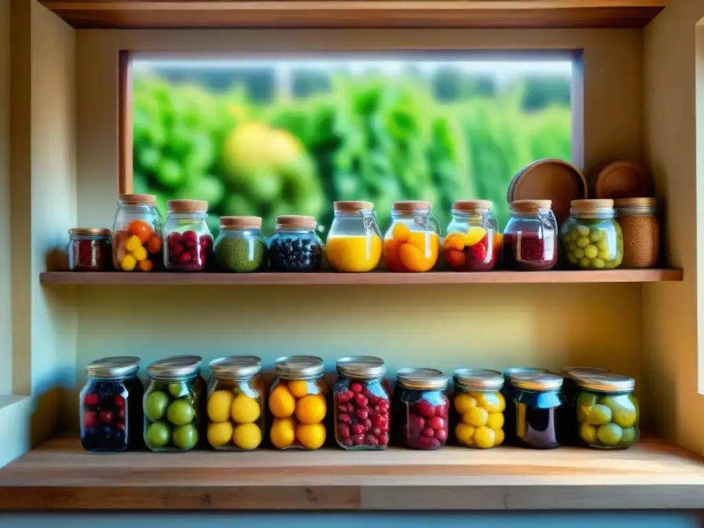 Una cocina italiana tradicional llena de frascos coloridos de frutas en conserva, iluminados por el sol