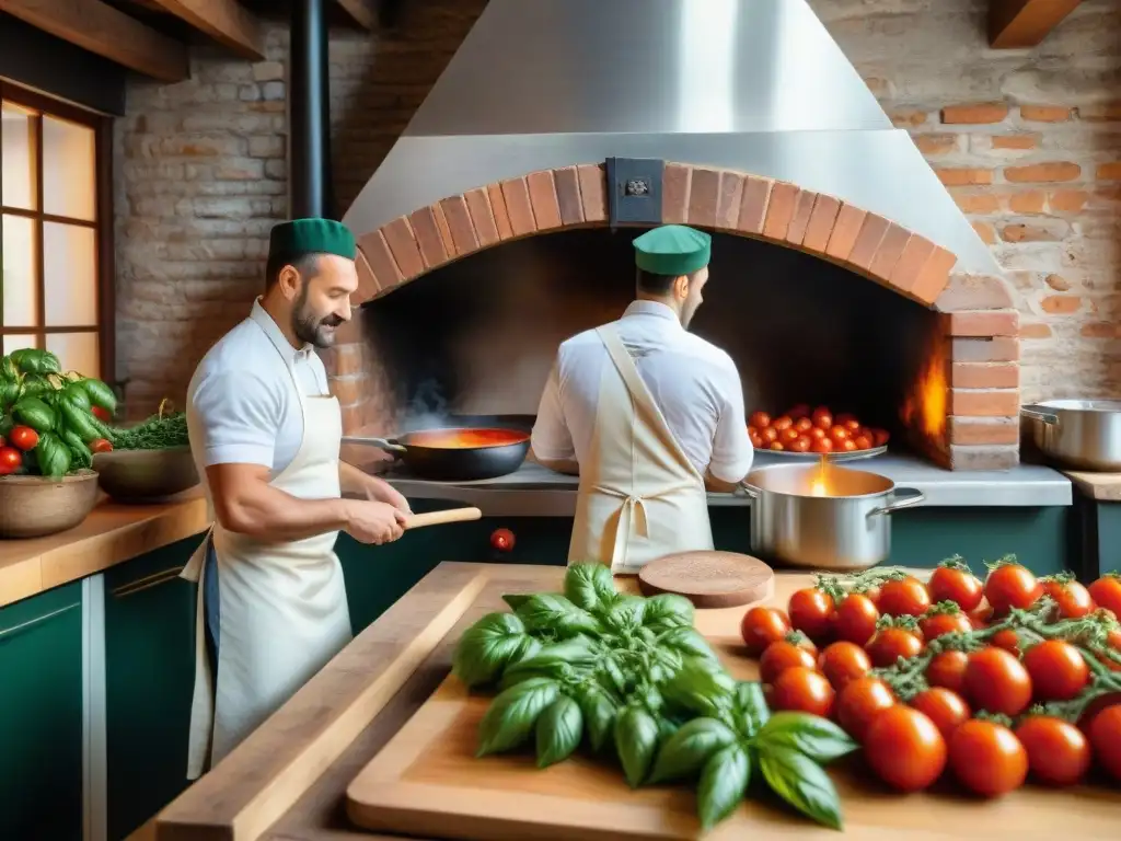 Una cocina italiana tradicional llena de vida: chefs preparando platos con tomates maduros, albahaca fresca y aceite de oliva