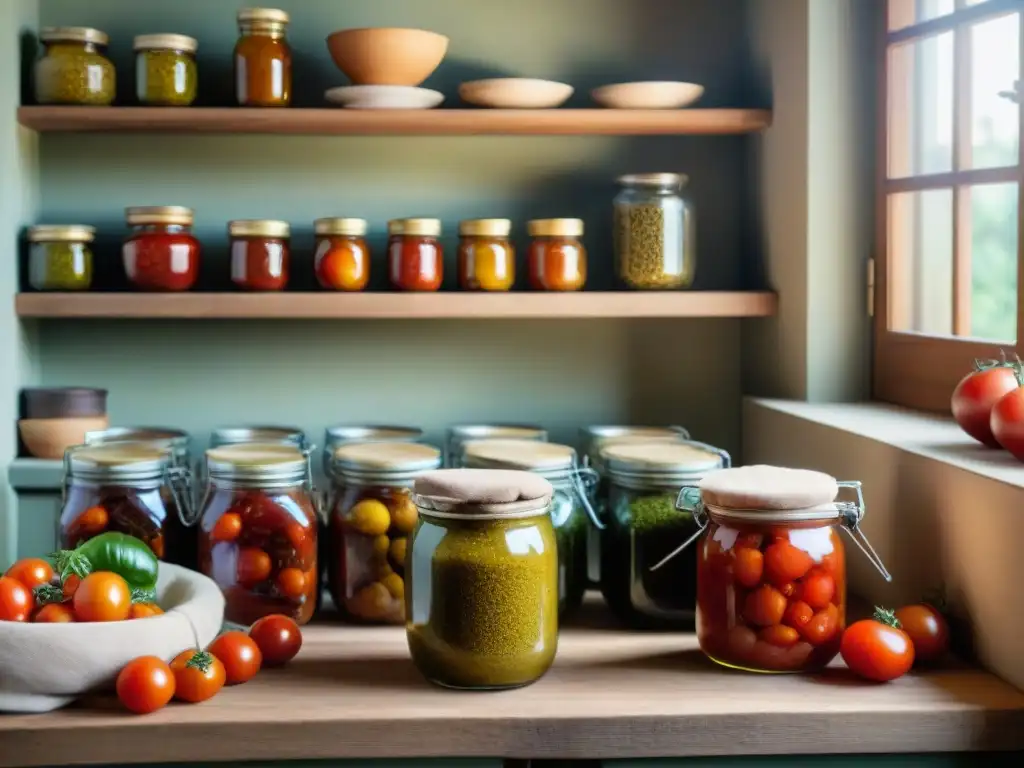 Una cocina italiana tradicional llena de tarros de tomates, aceite y hierbas, con una nonna sellando salsa casera