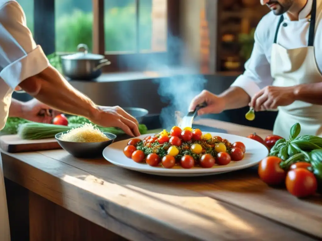 Una cocina italiana tradicional llena de vegetales frescos, aceite de oliva, hierbas y granos enteros, con un chef preparando salsa de tomate casera