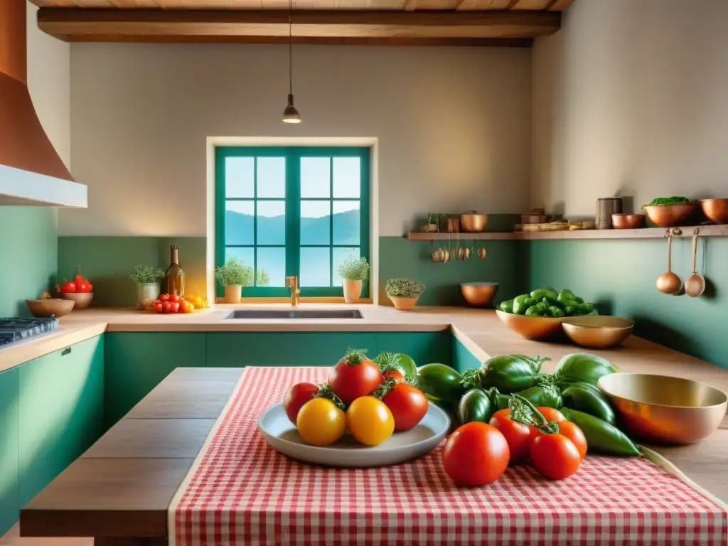 Una cocina italiana tradicional llena de ingredientes frescos y vibrantes, evocando la dieta mediterránea saludable