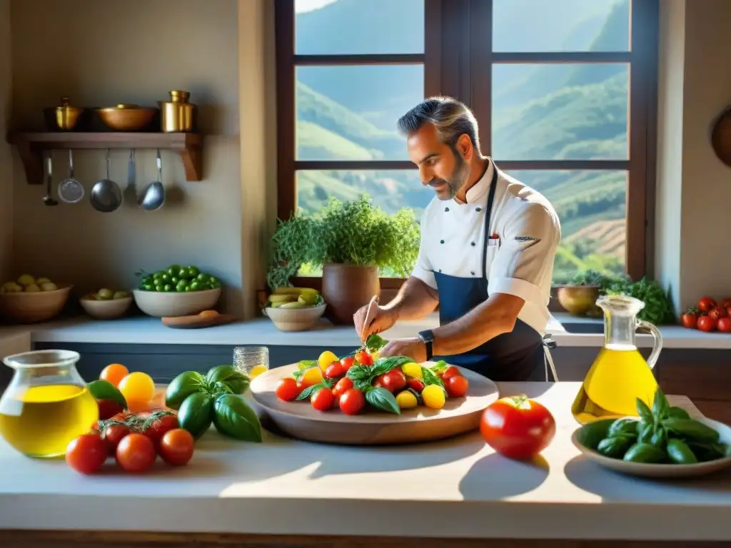 Cocina italiana tradicional: Caprese bajo el sol mediterráneo Una cocina italiana tradicional llena de vida con ingredientes clave de la dieta mediterránea