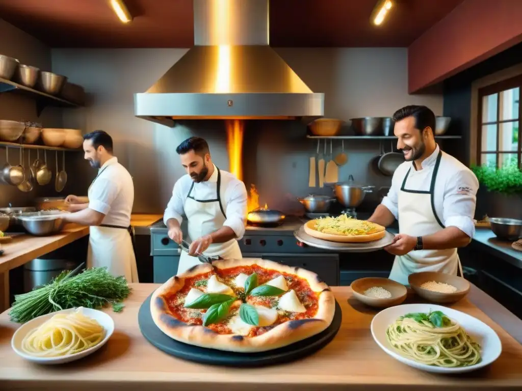 Cocina Italiana Tradicional: Euforia Culinaría Una cocina italiana tradicional llena de vida: chefs lanzando masa de pizza, ollas con salsas, hierbas frescas y platos de pasta