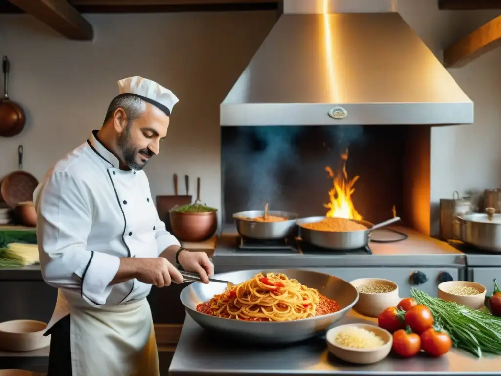 Una cocina italiana tradicional llena de vida con chefs preparando platos italianos tradicionales y tendencias