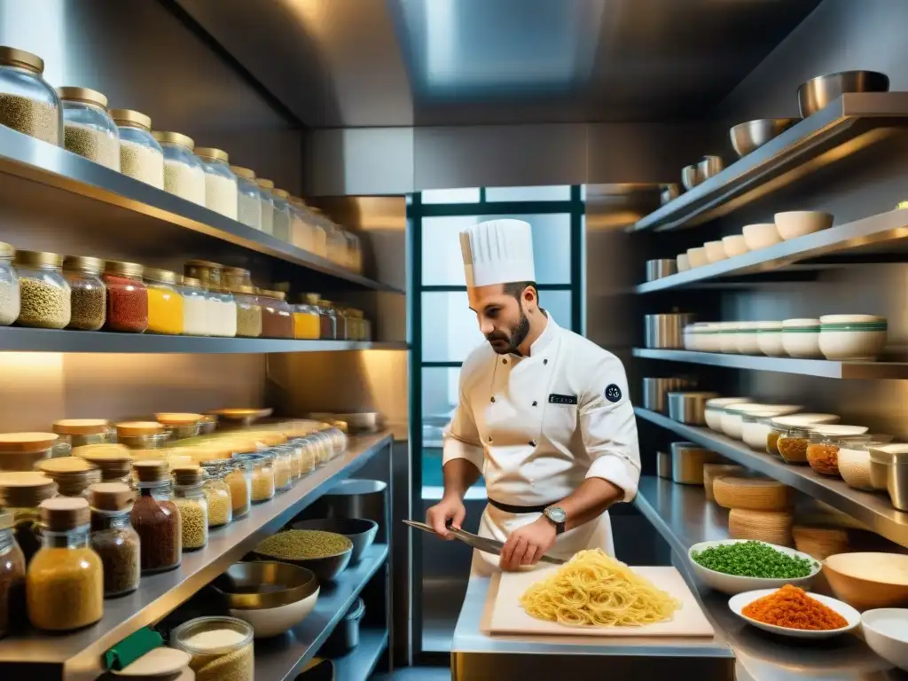 Una cocina italiana tradicional, llena de ingredientes DOP, con chefs preparando platos italianos tradicionales DOP