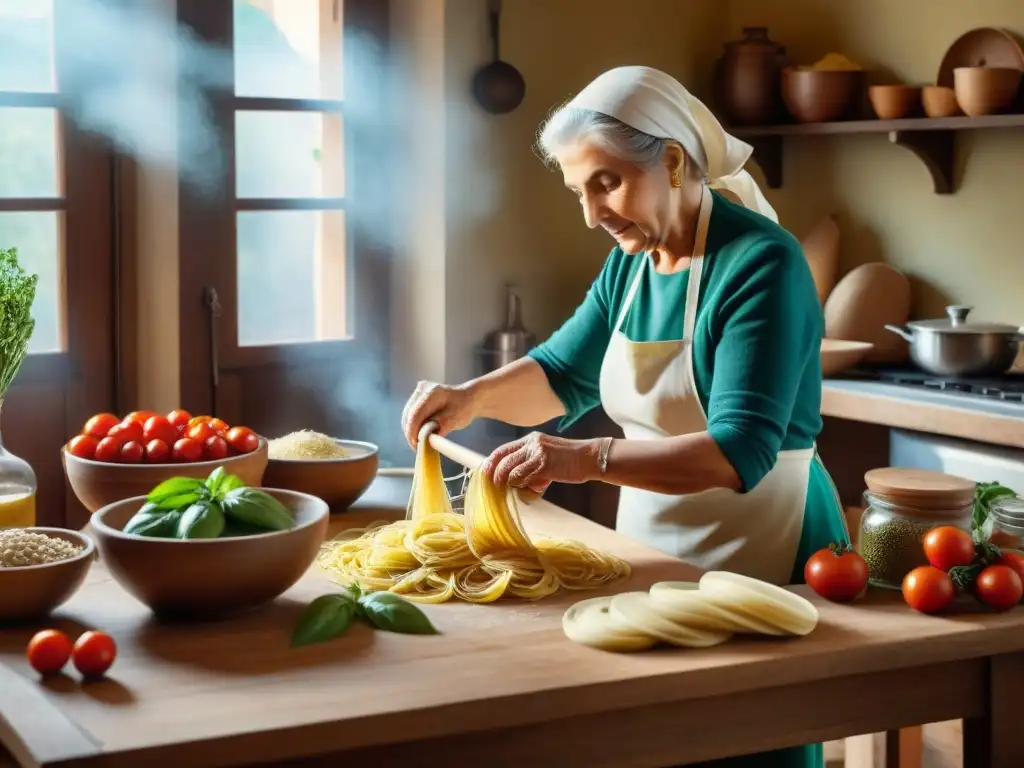 Una cocina italiana tradicional llena de vida, donde una nonna experta amasa pasta fresca rodeada de ingredientes frescos y coloridos