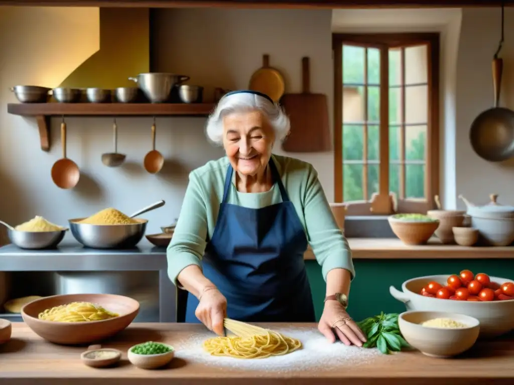 Una cocina italiana tradicional llena de vida con una nonna amasando pasta, un chef preparando salsa marinara y comensales disfrutando de una comida en una larga mesa de madera