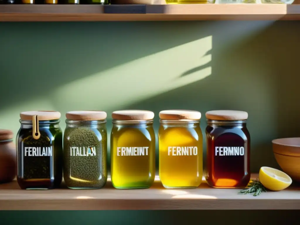 Un cocina italiana tradicional llena de tarros de aceites fermentados en diferentes etapas, iluminada por el sol