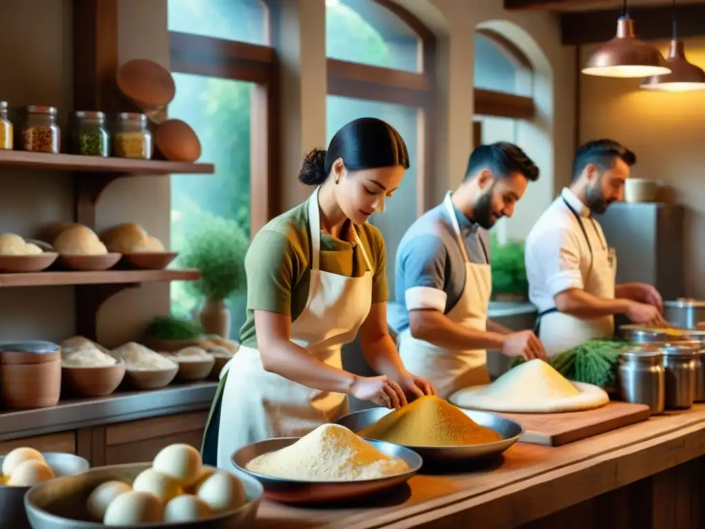 Una cocina italiana tradicional llena de actividad, chefs amasando masa, ollas burbujeantes y estantes con vegetales encurtidos