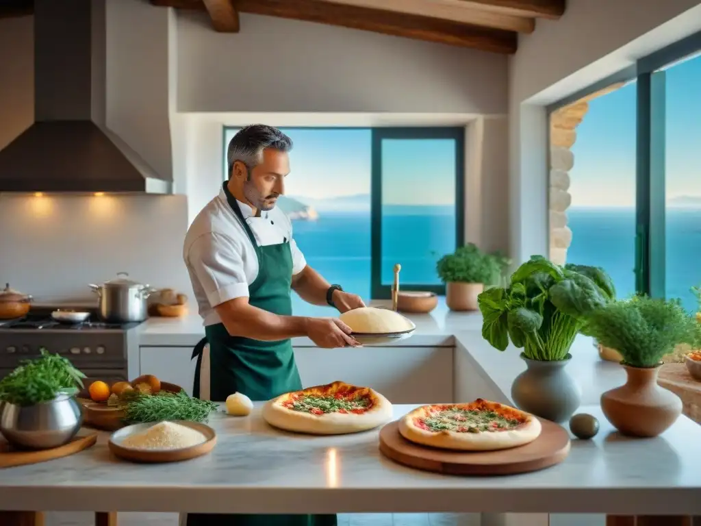 Cocina italiana tradicional llena de vida con chef lanzando masa de pizza al aire, ollas burbujeantes y mesa elegante con vista al mar