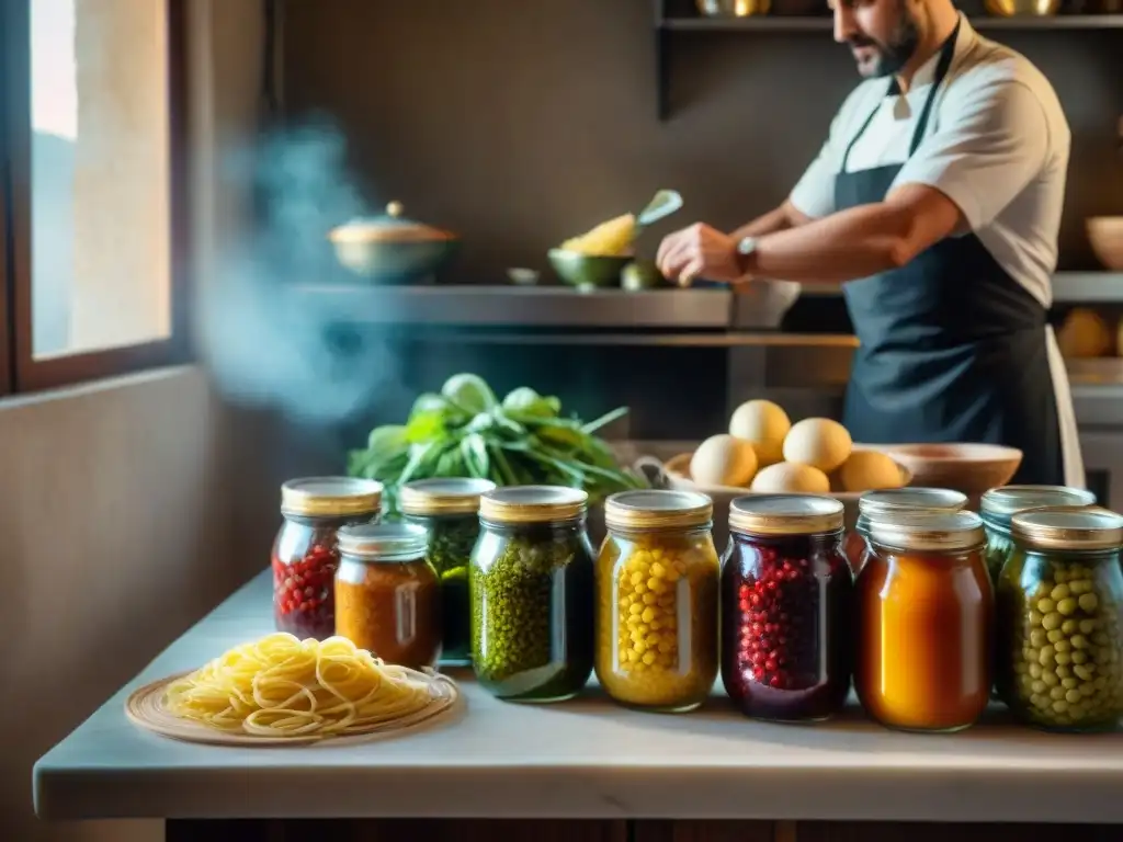 Una cocina italiana tradicional llena de tarros de conservas caseras, con la luz del sol iluminando los colores vibrantes