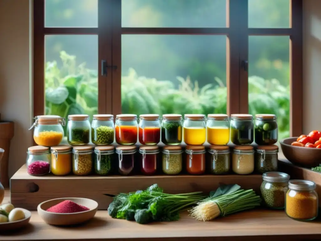 Un rincón de una cocina italiana tradicional lleno de frascos coloridos con vegetales lactofermentados, mostrando el proceso de fermentación en envases de vidrio