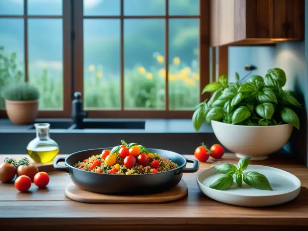 Una cocina italiana tradicional con una mesa rústica repleta de ingredientes coloridos como tomates maduros, albahaca fresca, aceite de oliva y un bol de quinoa italiana cocida con verduras asadas