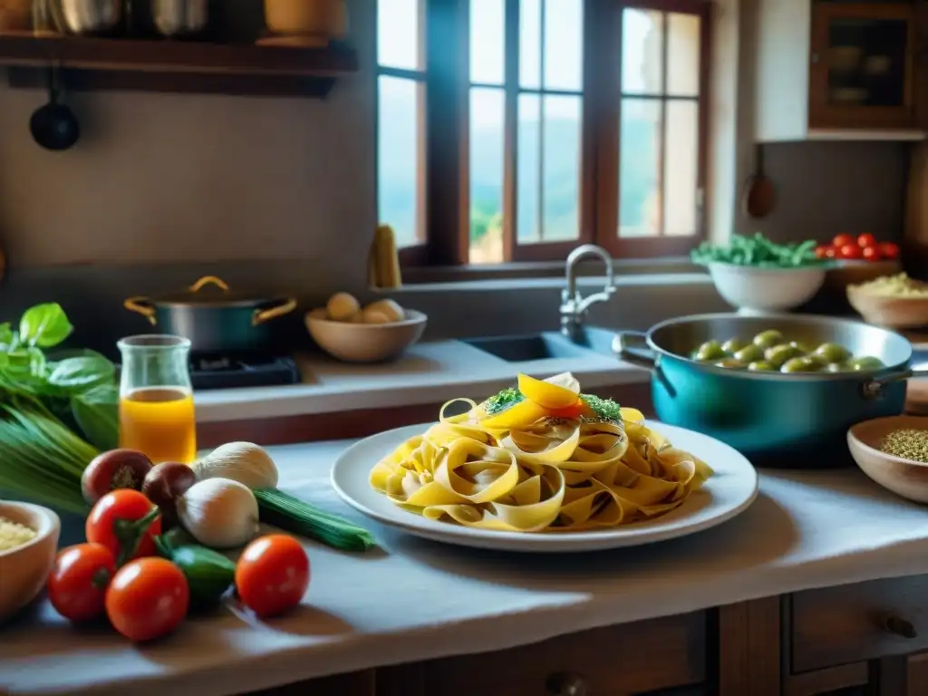 Una cocina italiana tradicional con mesa de madera, verduras frescas, especias y recetas