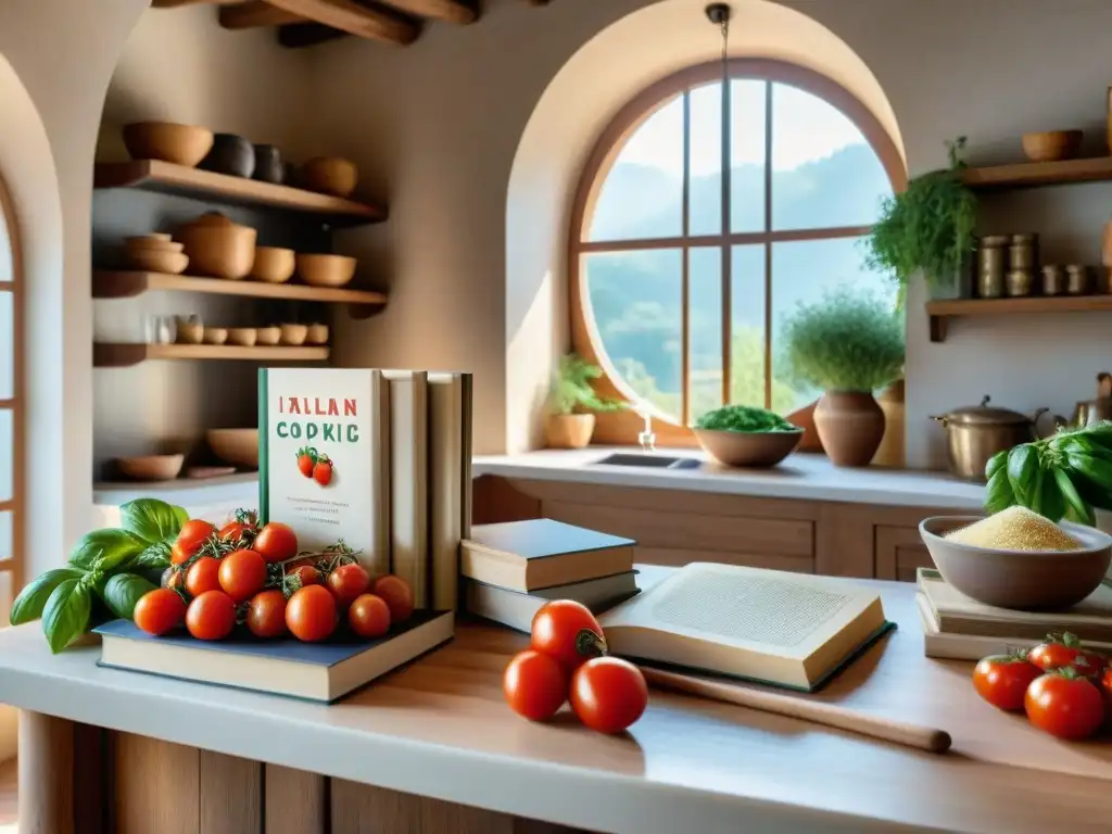 Una cocina italiana tradicional con una mesa rústica y libros de cocina italiana reconocidos, bañada por una cálida luz natural