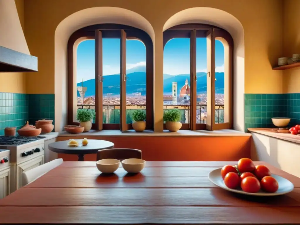 Encanto culinario y artístico en Florencia: mesa italiana y pintura local Una cocina italiana tradicional en Florencia: mesa rústica con platos coloridos y botella de Chianti, artista pintando