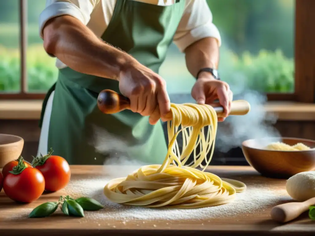 Cocina italiana tradicional y moderna: Un chef italiano experto elabora pasta a mano en una cocina rústica con ingredientes frescos