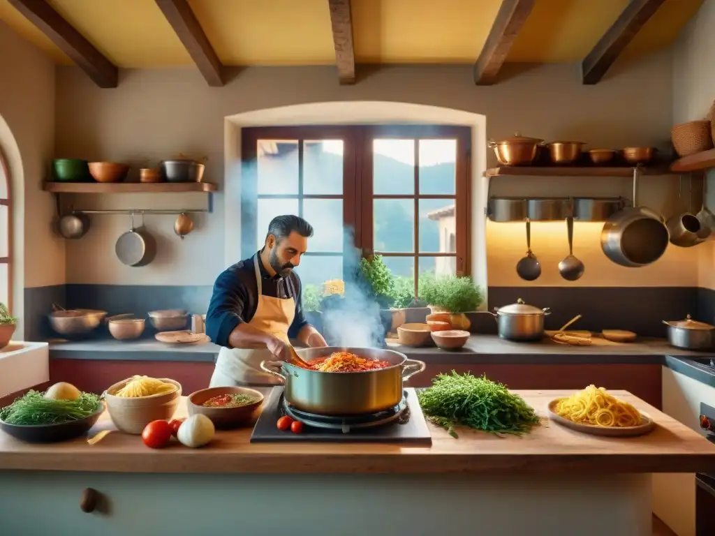 Una cocina italiana tradicional y moderna rebosante de actividad culinaria, con chef haciendo pasta a mano y salsa de tomate en la estufa vintage