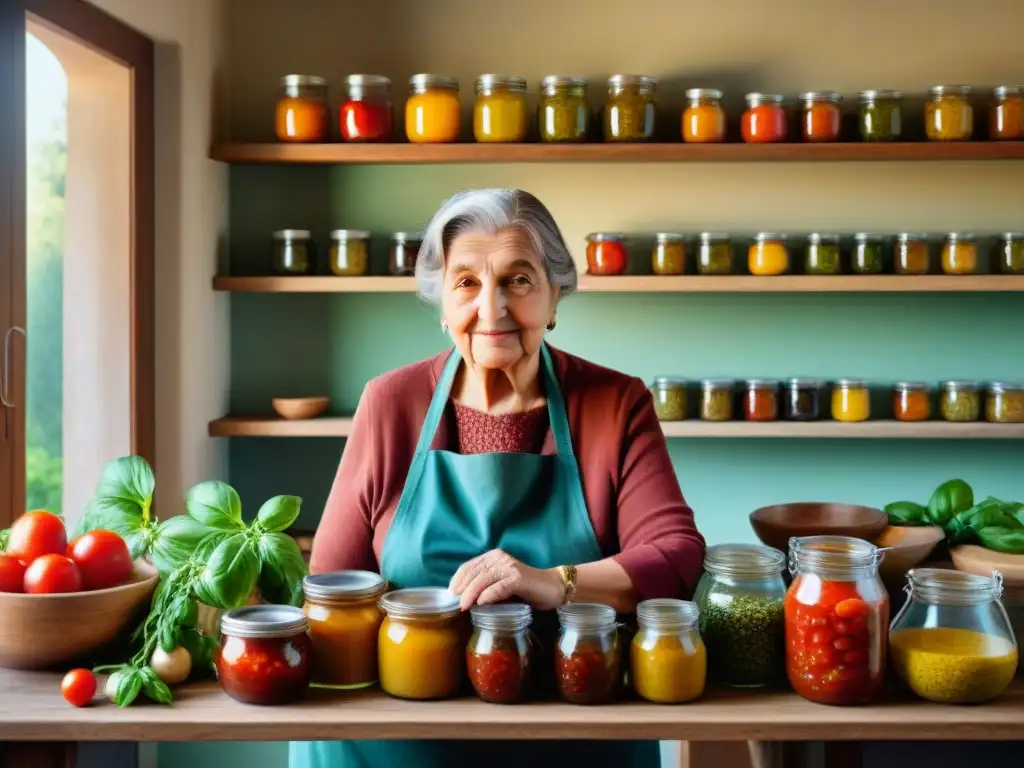 Una cocina italiana tradicional donde la nonna prepara encurtidos y salsas rodeada de ingredientes frescos