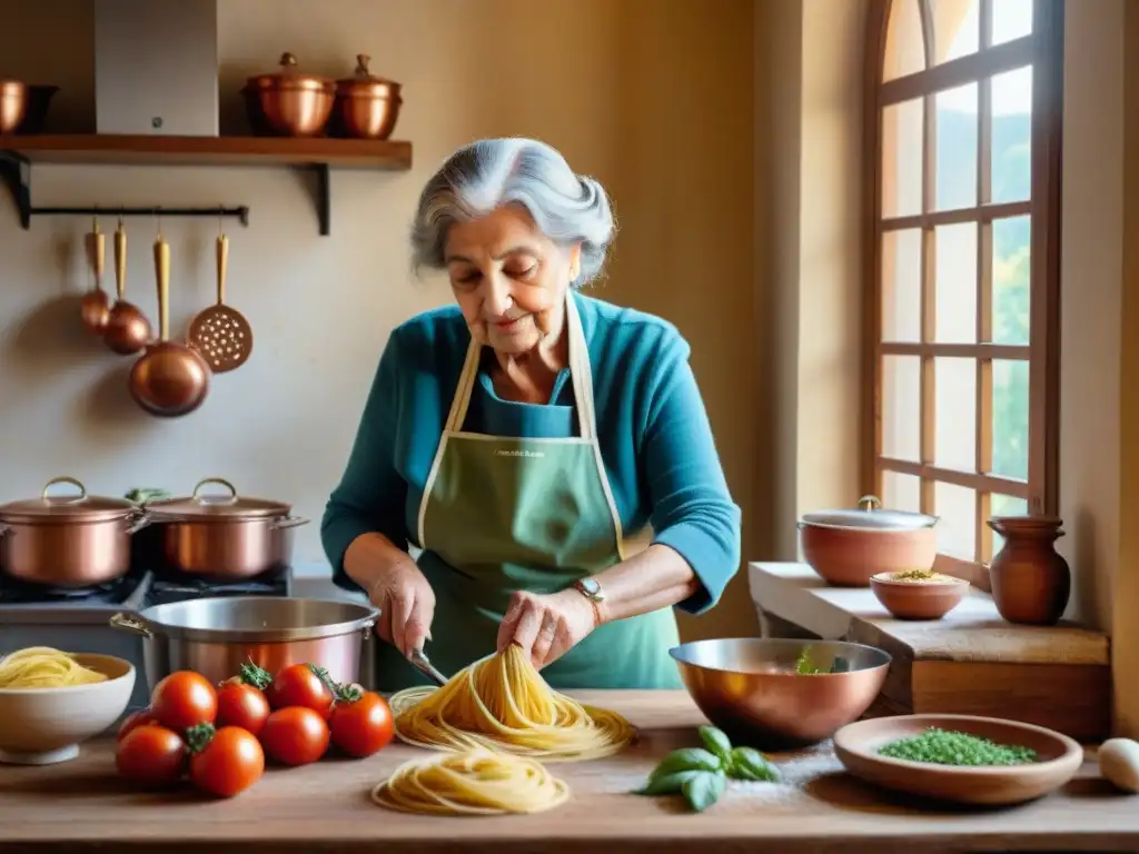Escena de cocina italiana tradicional: nonna haciendo pasta casera Una cocina italiana tradicional con una nonna haciendo pasta y recetas familiares, ideal para Apps de recetas italianas
