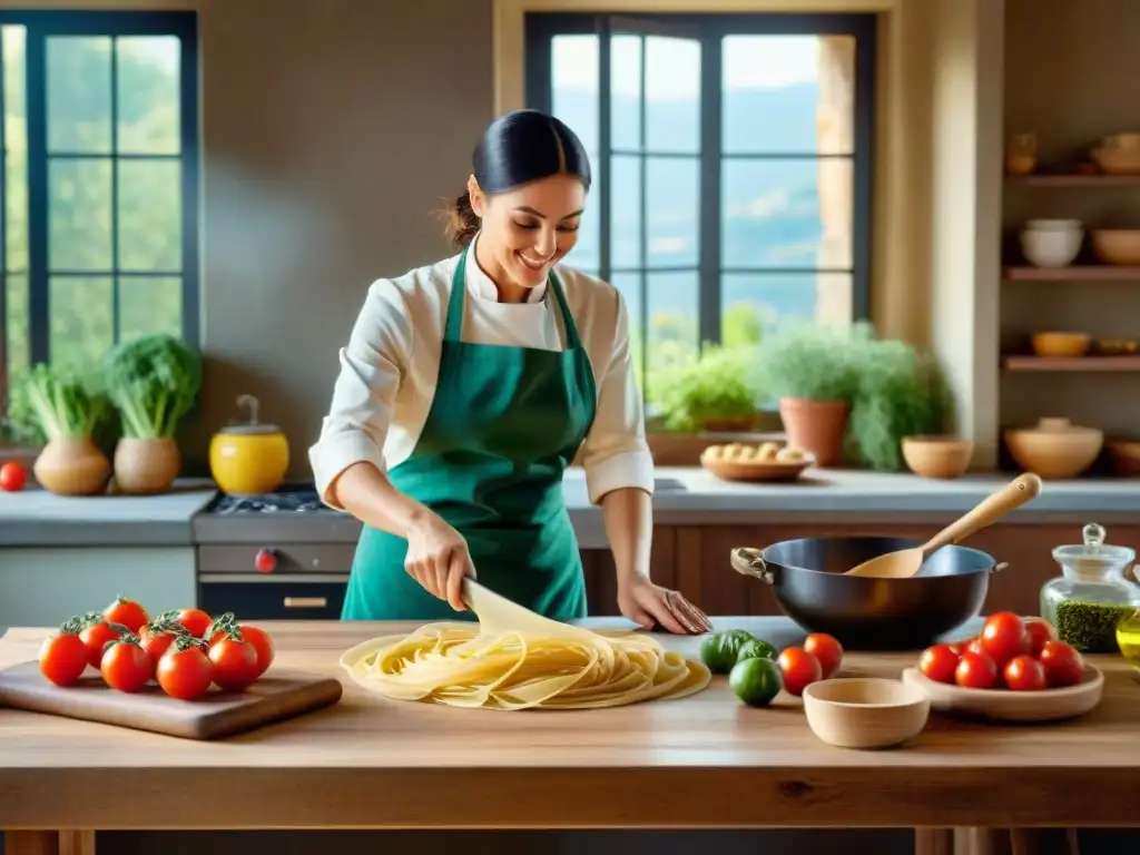 Cocina italiana tradicional con nonna amasando pasta, chef salteando verduras y superalimentos italianos revolucionarán dieta