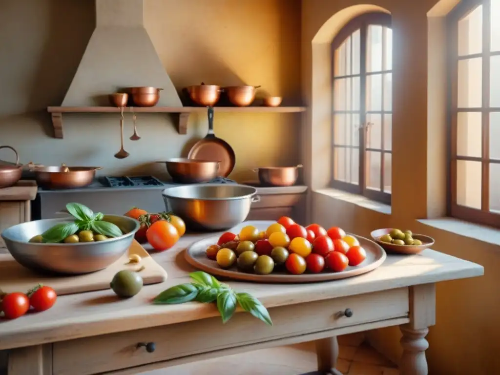 Una cocina italiana tradicional con una nonna haciendo pasta, ingredientes frescos y utensilios de cobre