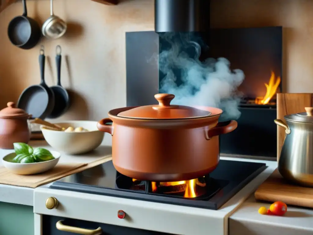 Una cocina italiana tradicional con olla de terracota en estufa de leña