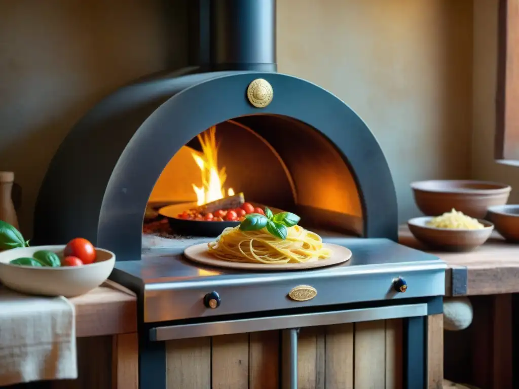 Una cocina italiana tradicional con pasta casera, ingredientes frescos y un horno de leña, reflejando los orígenes de la cocina italiana tradicional