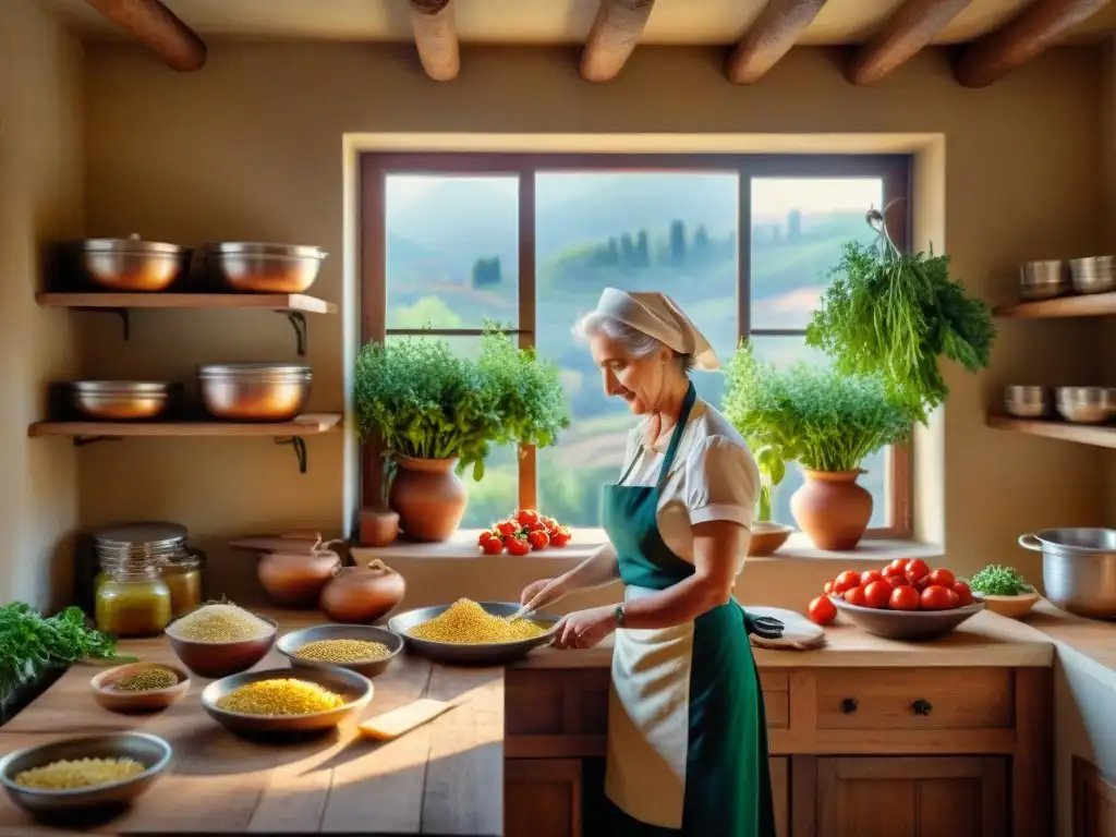 Una cocina italiana tradicional con platos y tendencias auténticas, donde una nonna experta amasa pasta fresca y hierbas cuelgan del techo