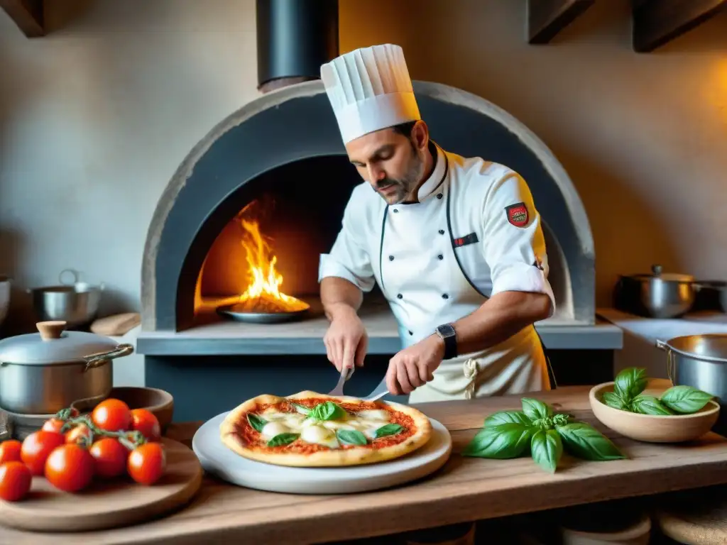 Una cocina italiana tradicional con platos auténticos: horno de leña, pasta fresca, tomates y chef preparando ravioli