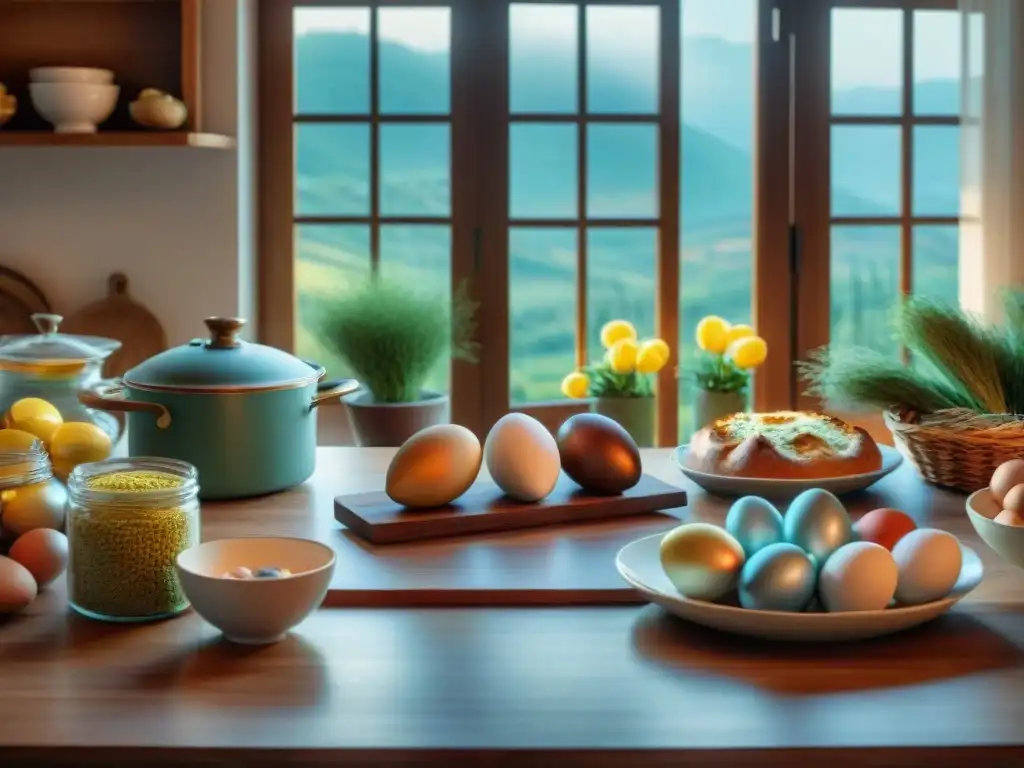 Una cocina italiana tradicional durante preparativos de Pascua, con una familia reunida alrededor de una mesa de madera adornada con huevos de Pascua y ingredientes festivos