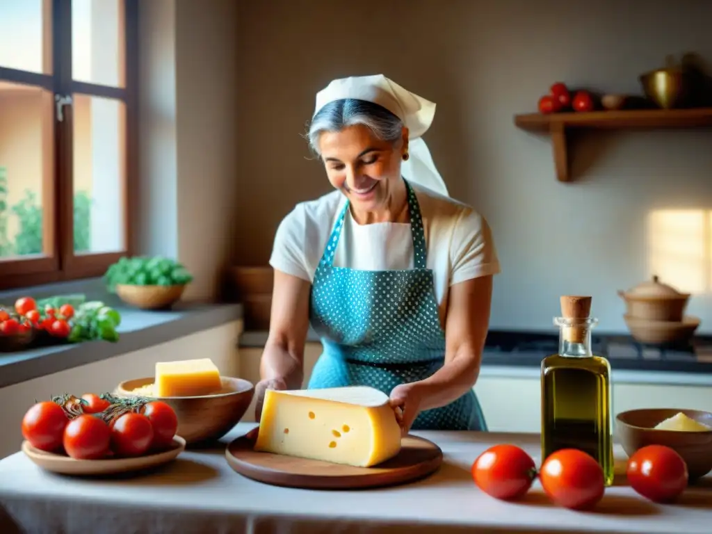 Una cocina italiana tradicional con Productos DOP e IGP en una mesa de madera rústica, iluminada por el sol