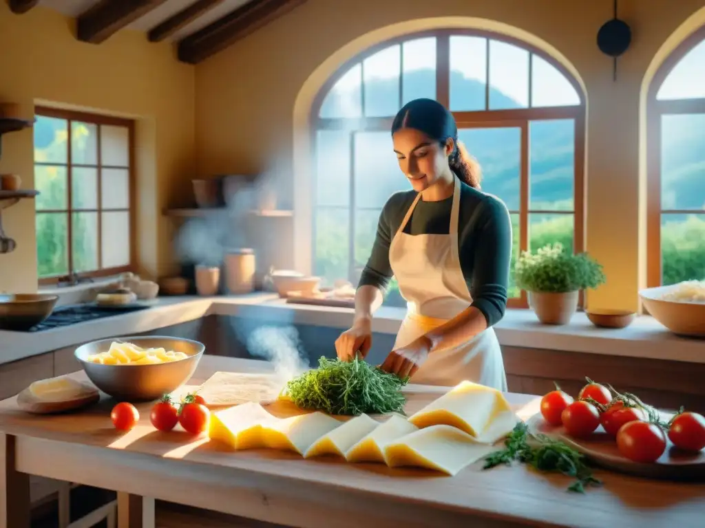 Una cocina italiana tradicional con queso Taleggio en platos, evocando autenticidad y tradición culinaria